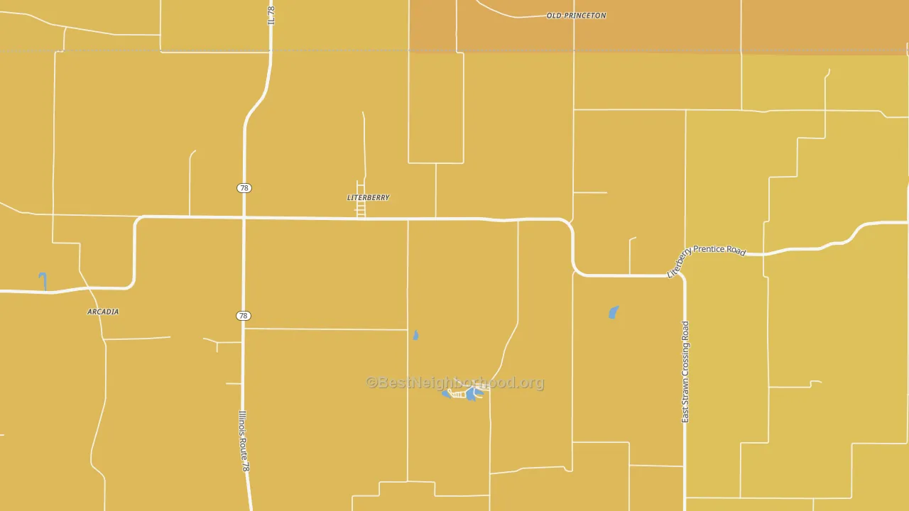 Map of the best neighborhoods in the Literberry area, with better matches in green and worse matches in red