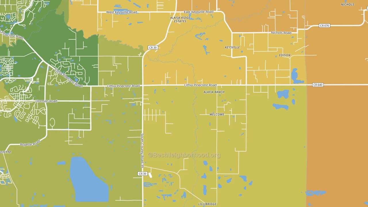 Map of the best neighborhoods in the Lithia area, with better matches in green and worse matches in red