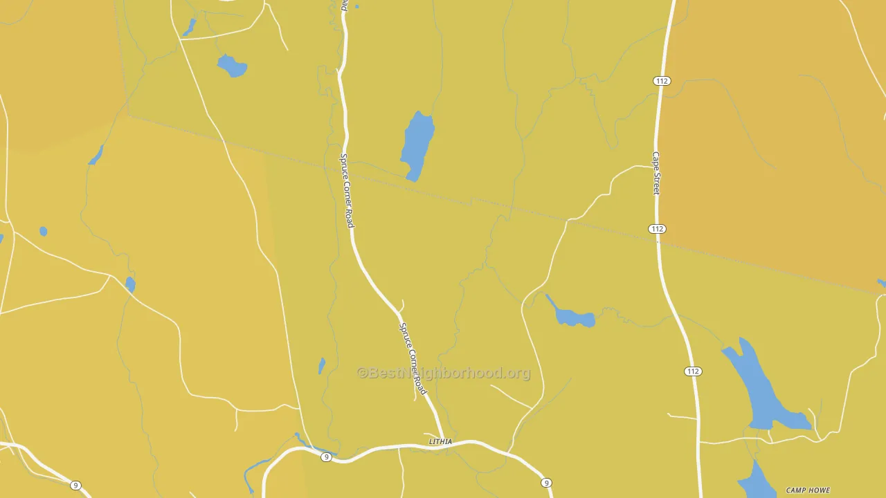 Map of the best neighborhoods in the Lithia area, with better matches in green and worse matches in red
