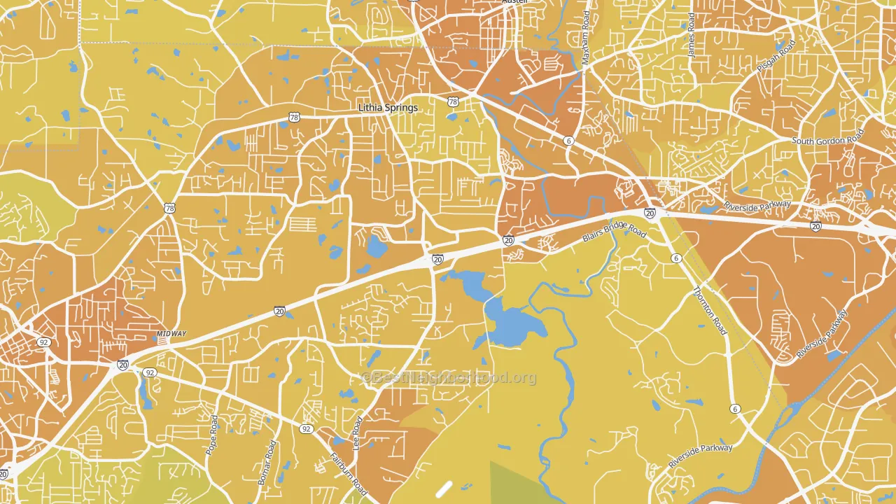 Map of the best neighborhoods in the Lithia Springs area, with better matches in green and worse matches in red