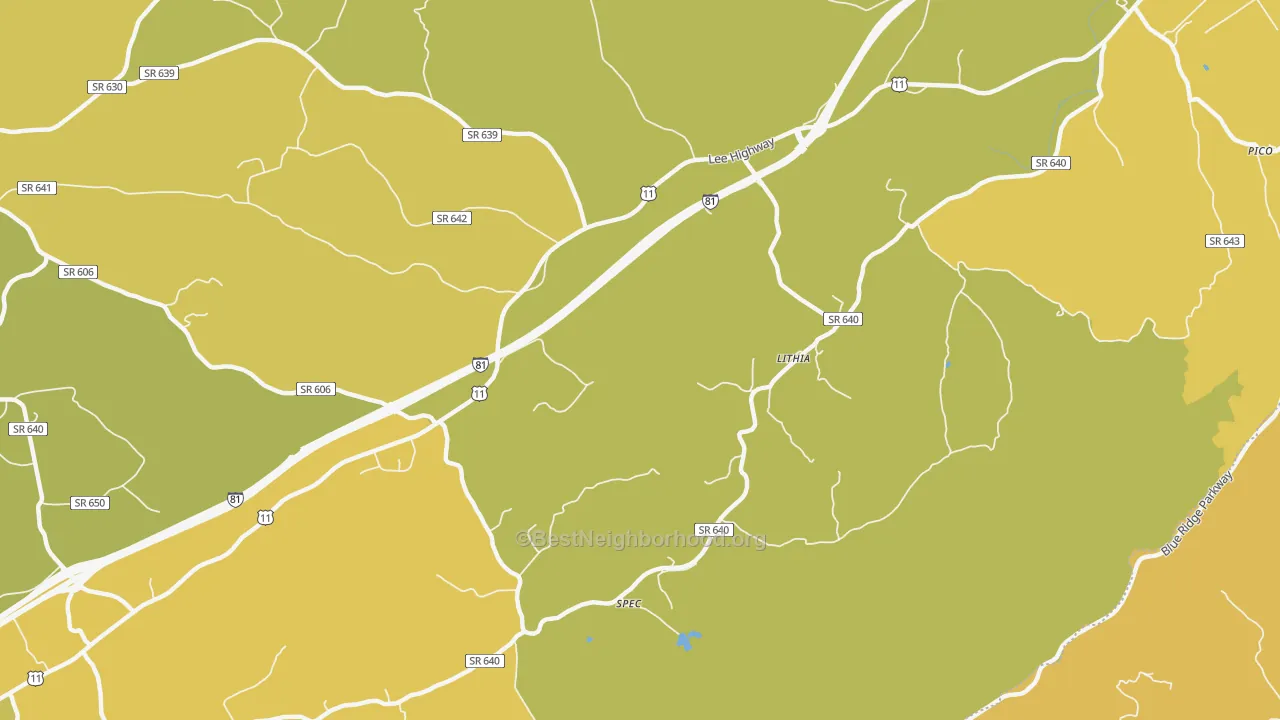 Map of the best neighborhoods in the Lithia area, with better matches in green and worse matches in red