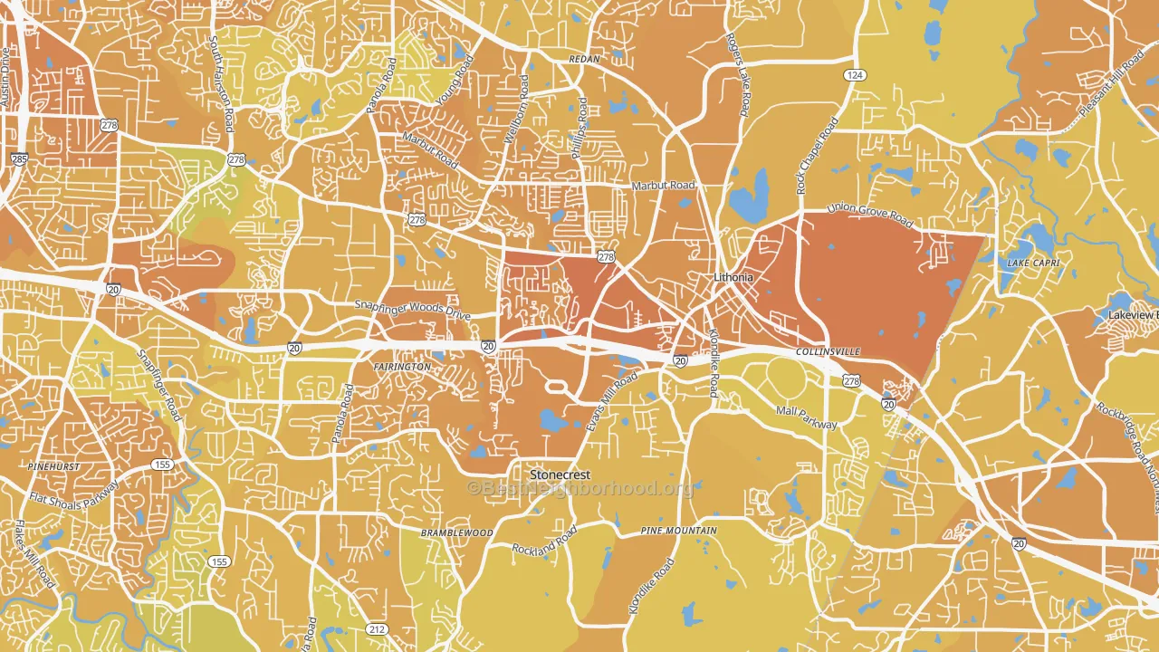 Map of the best neighborhoods in the Lithonia area, with better matches in green and worse matches in red