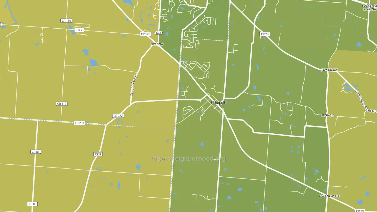 Map of the best neighborhoods in the Lithopolis area, with better matches in green and worse matches in red