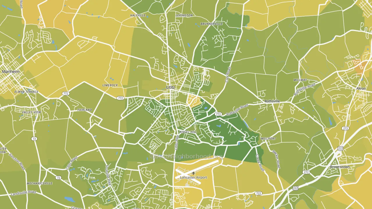 Map of the best neighborhoods in the Lititz area, with better matches in green and worse matches in red