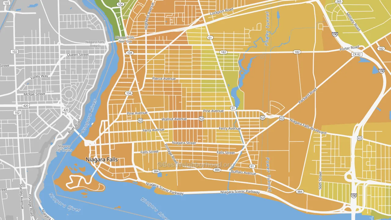 Map of the best neighborhoods in the Litte Italy, Niagara Falls area, with better matches in green and worse matches in red