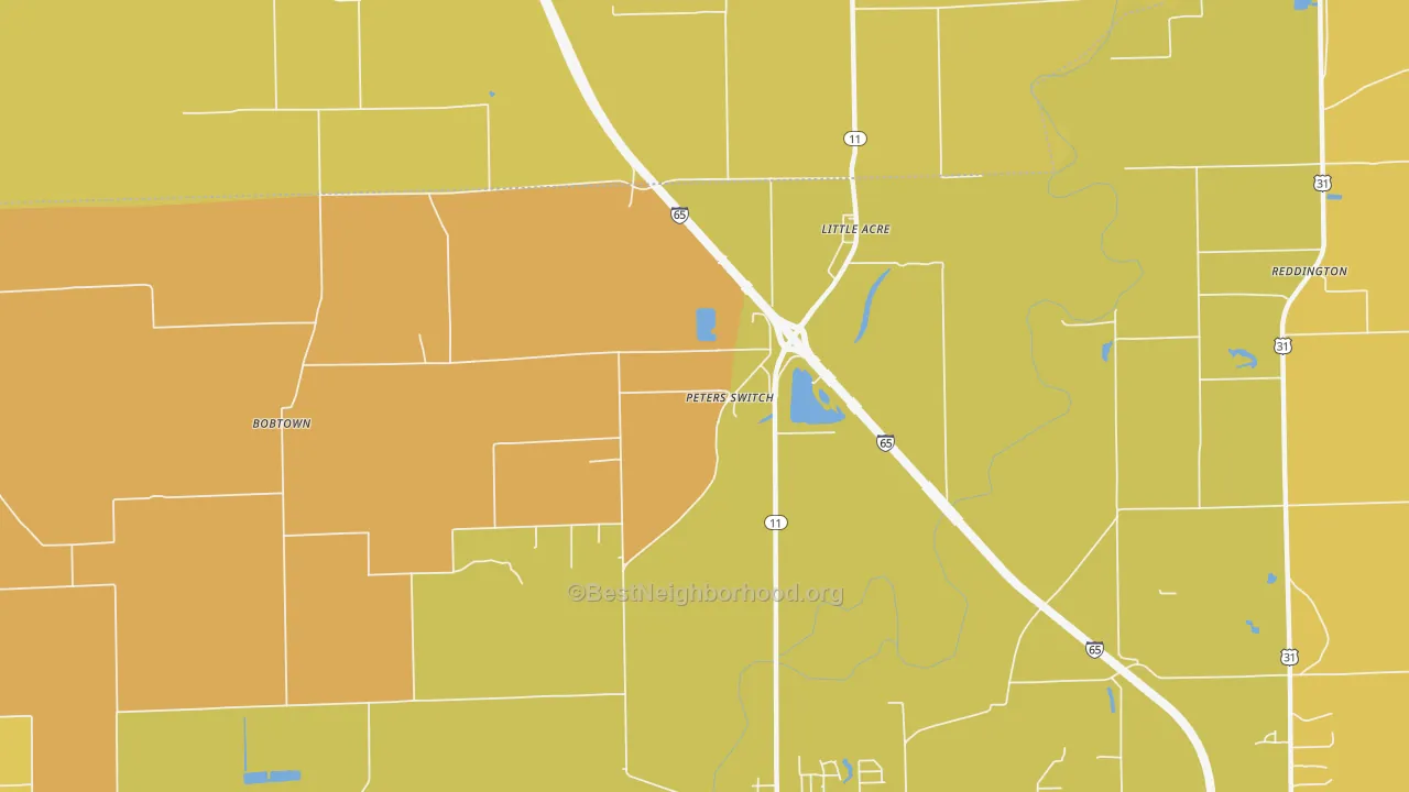 Map of the best neighborhoods in the Little Acre area, with better matches in green and worse matches in red