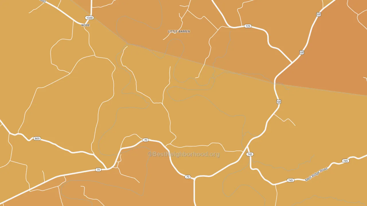 Map of the best neighborhoods in the Little Barren area, with better matches in green and worse matches in red