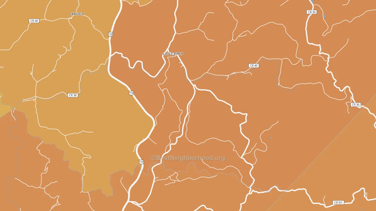 Map of the best neighborhoods in the Little Birch area, with better matches in green and worse matches in red