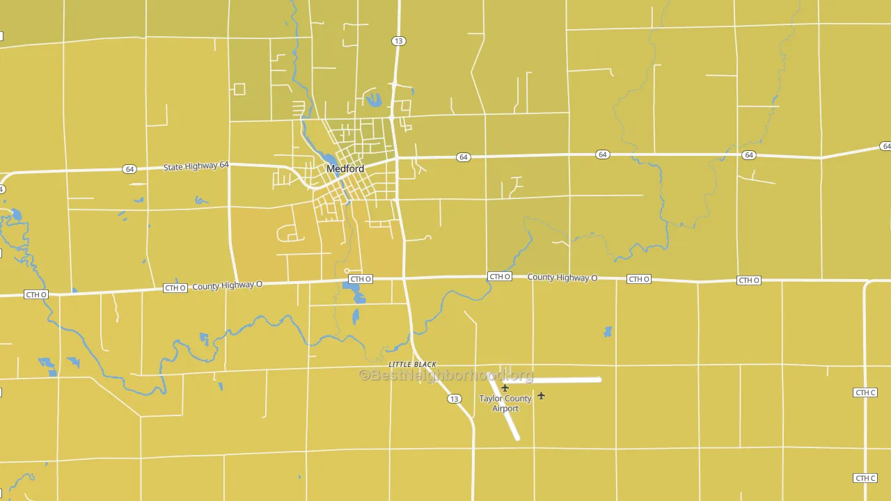Map of the best neighborhoods in the Little Black area, with better matches in green and worse matches in red