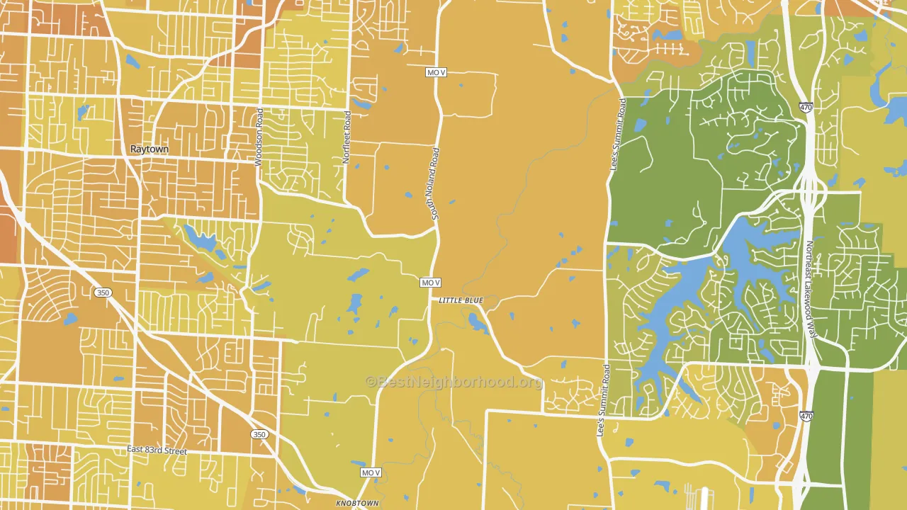 Map of the best neighborhoods in the Little Blue Valley, Kansas City area, with better matches in green and worse matches in red