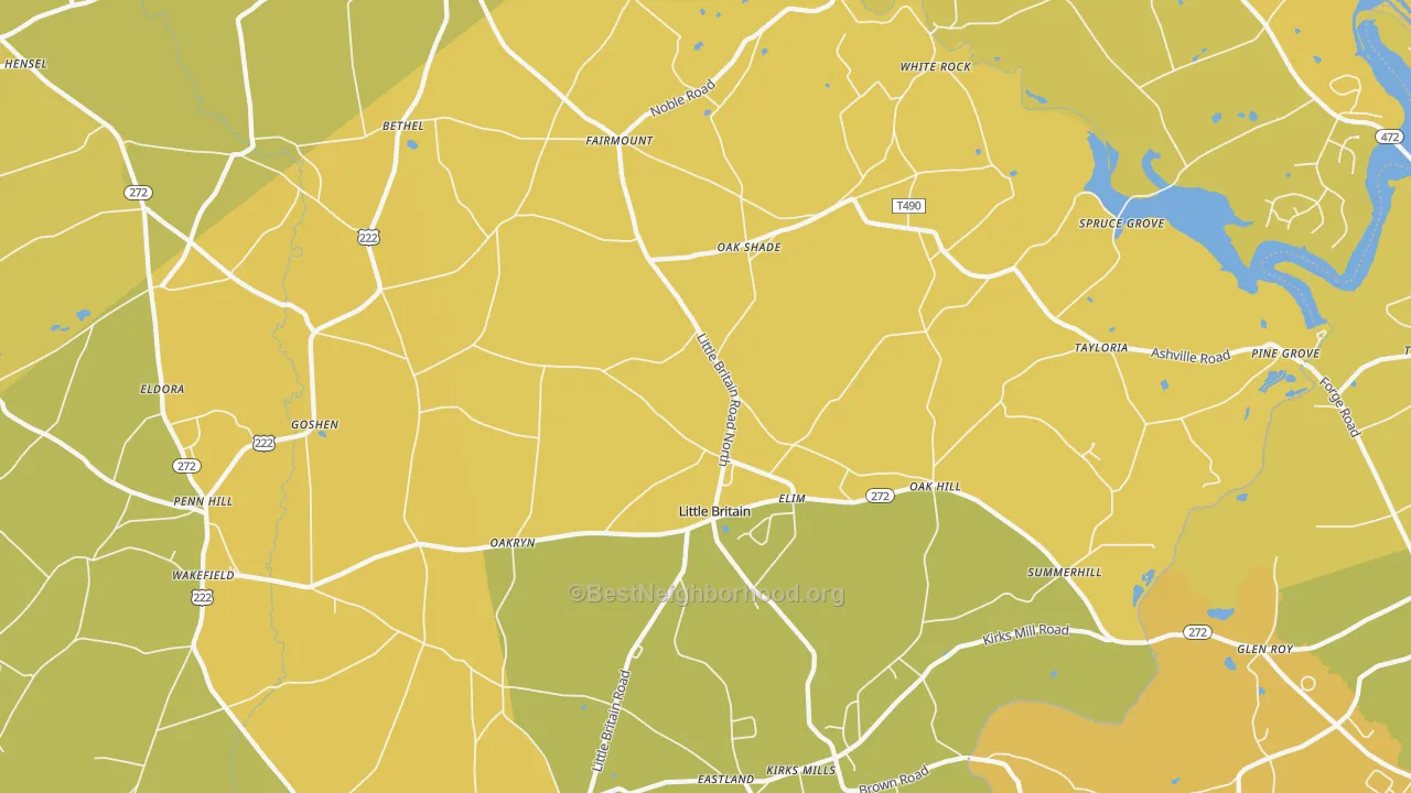 Map of the best neighborhoods in the Little Britain area, with better matches in green and worse matches in red