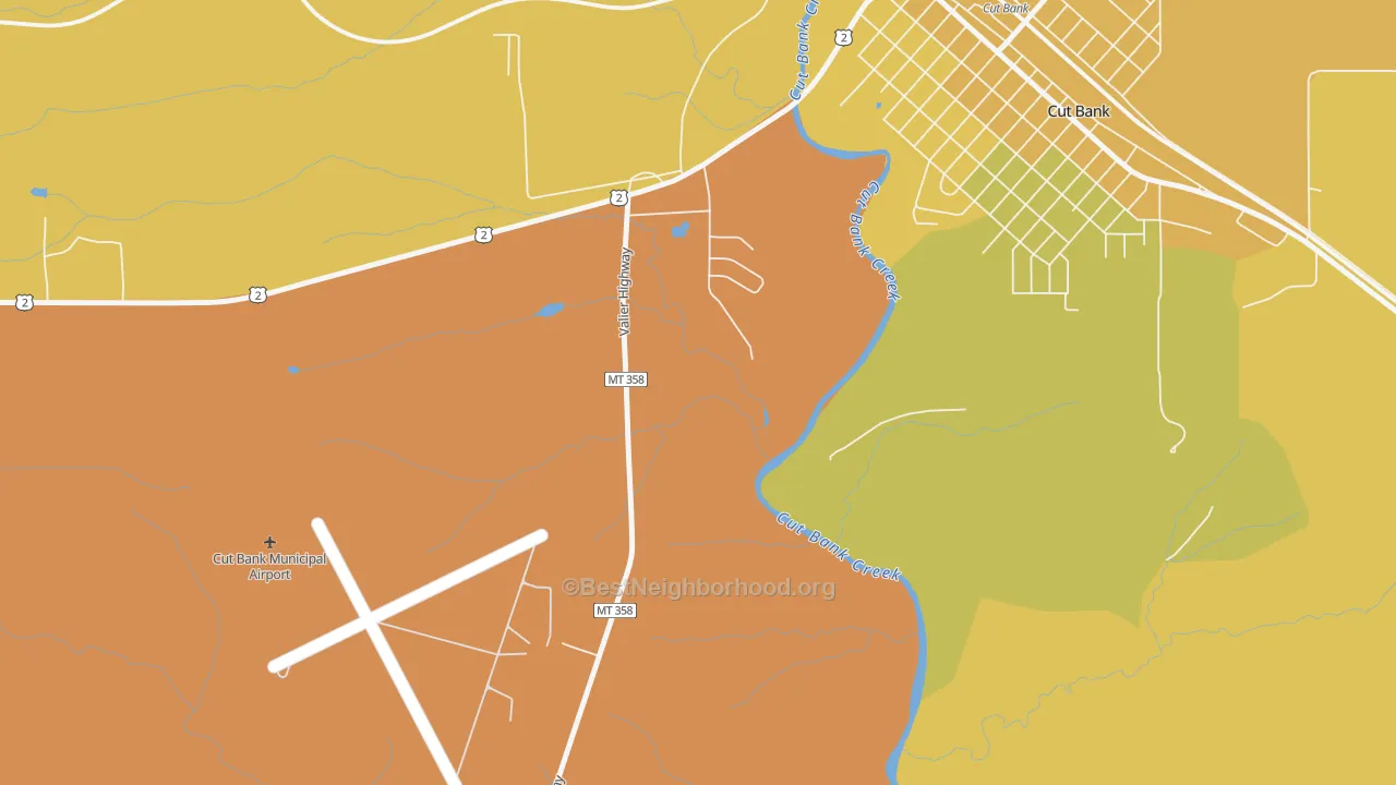 Map of the best neighborhoods in the Little Browning area, with better matches in green and worse matches in red