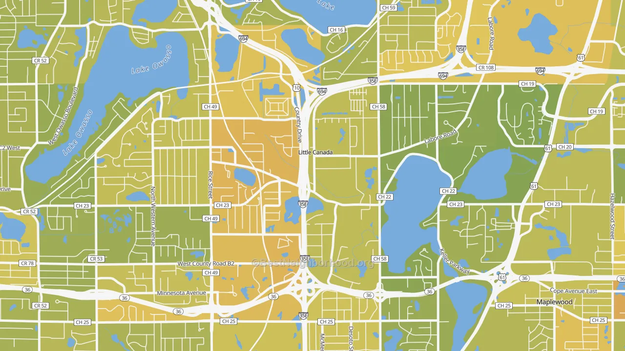 Map of the best neighborhoods in the Little Canada area, with better matches in green and worse matches in red