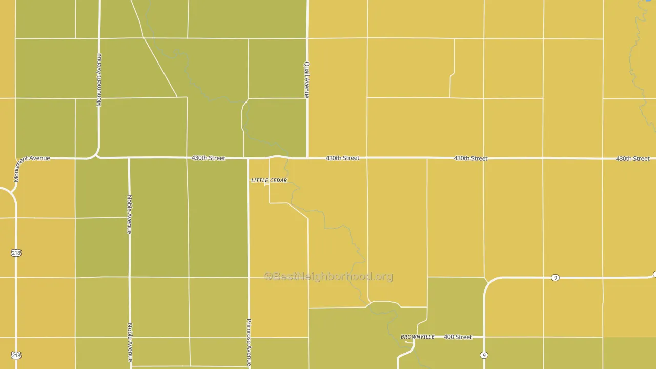 Map of the best neighborhoods in the Little Cedar area, with better matches in green and worse matches in red