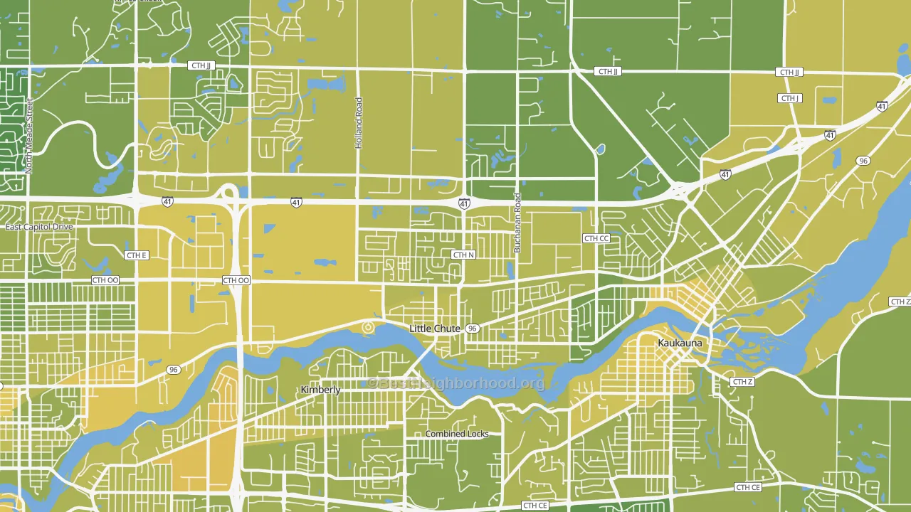 Map of the best neighborhoods in the Little Chute area, with better matches in green and worse matches in red