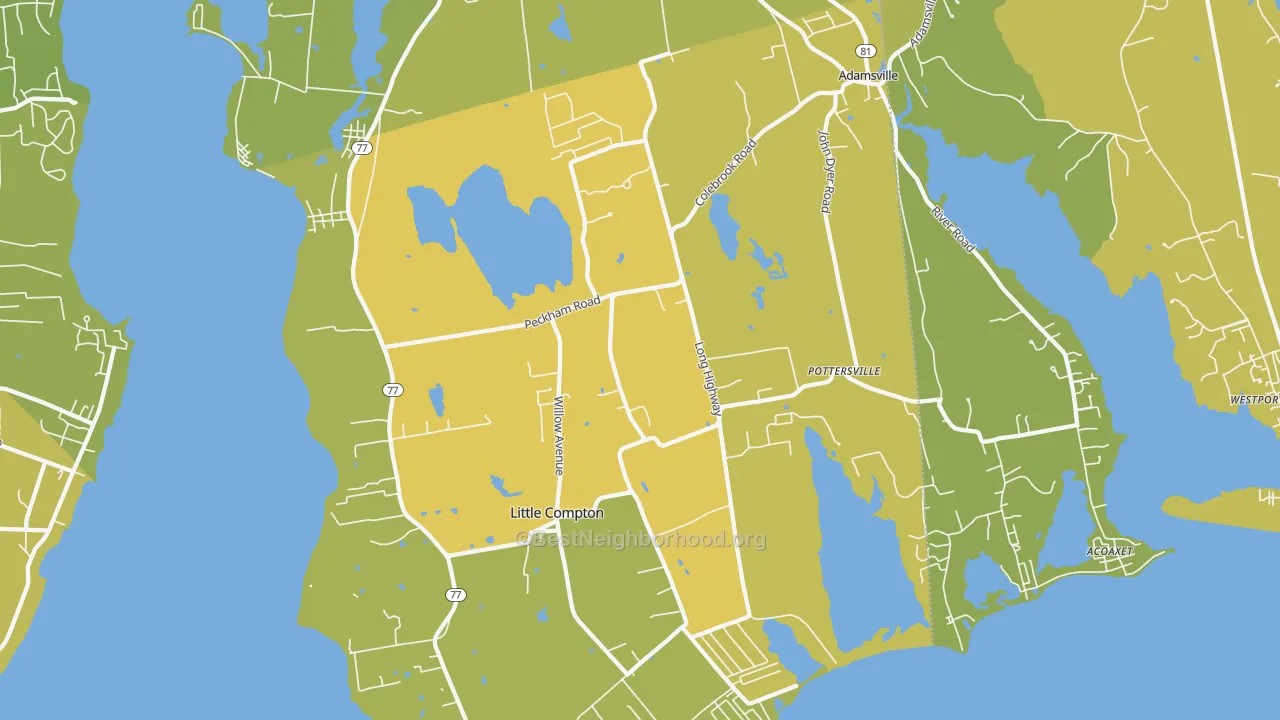 Map of the best neighborhoods in the Little Compton area, with better matches in green and worse matches in red