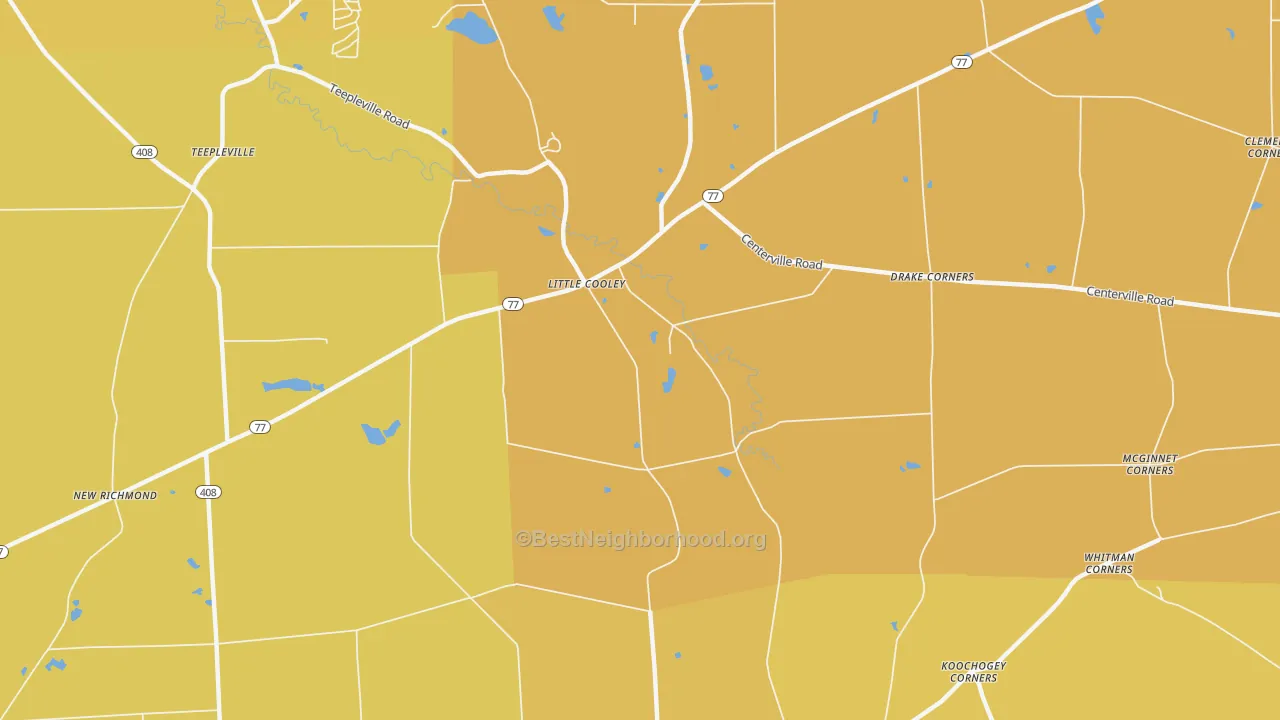 Map of the best neighborhoods in the Little Cooley area, with better matches in green and worse matches in red