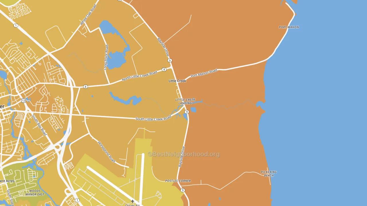 Map of the best neighborhoods in the Little Creek area, with better matches in green and worse matches in red