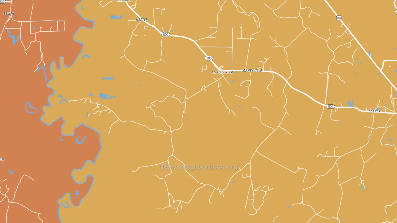 Map of the best neighborhoods in the Little Creek area, with better matches in green and worse matches in red