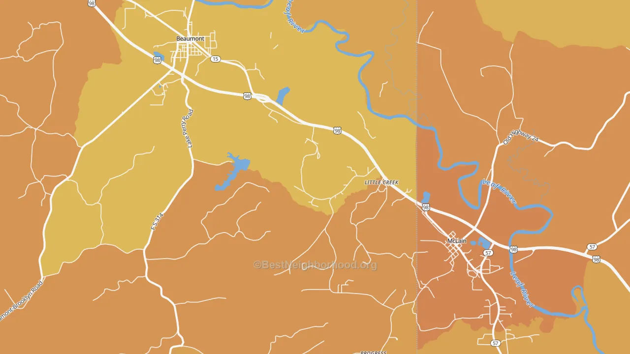Map of the best neighborhoods in the Little Creek area, with better matches in green and worse matches in red