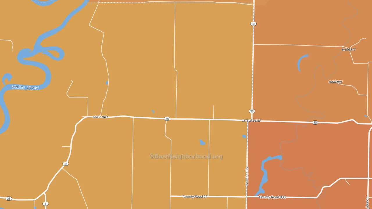 Map of the best neighborhoods in the Little Dixie area, with better matches in green and worse matches in red