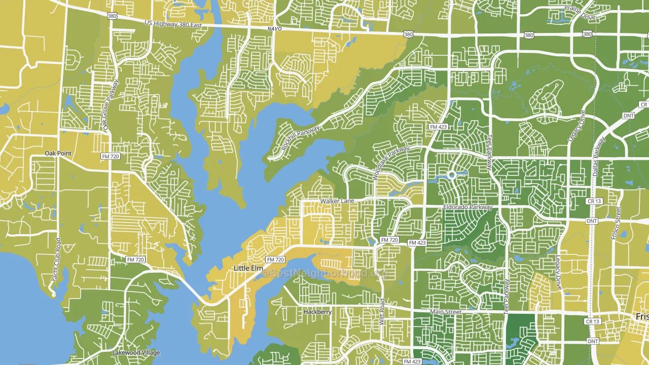 Map of the best neighborhoods in the Little Elm area, with better matches in green and worse matches in red