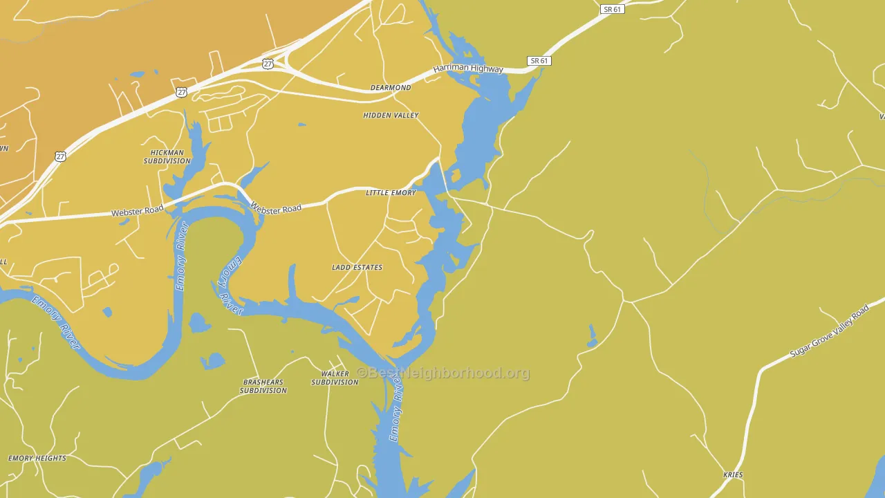 Map of the best neighborhoods in the Little Emory area, with better matches in green and worse matches in red