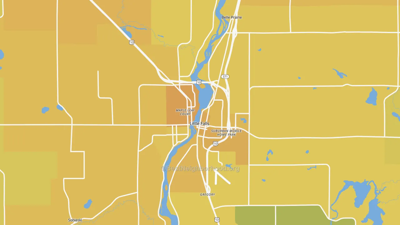 Map of the best neighborhoods in the Little Falls area, with better matches in green and worse matches in red