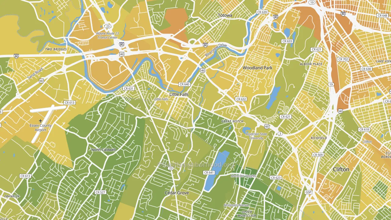 Map of the best neighborhoods in the Little Falls area, with better matches in green and worse matches in red