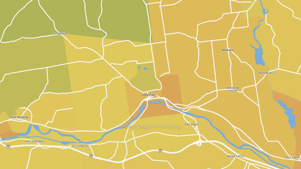 Map of the best neighborhoods in the Little Falls area, with better matches in green and worse matches in red