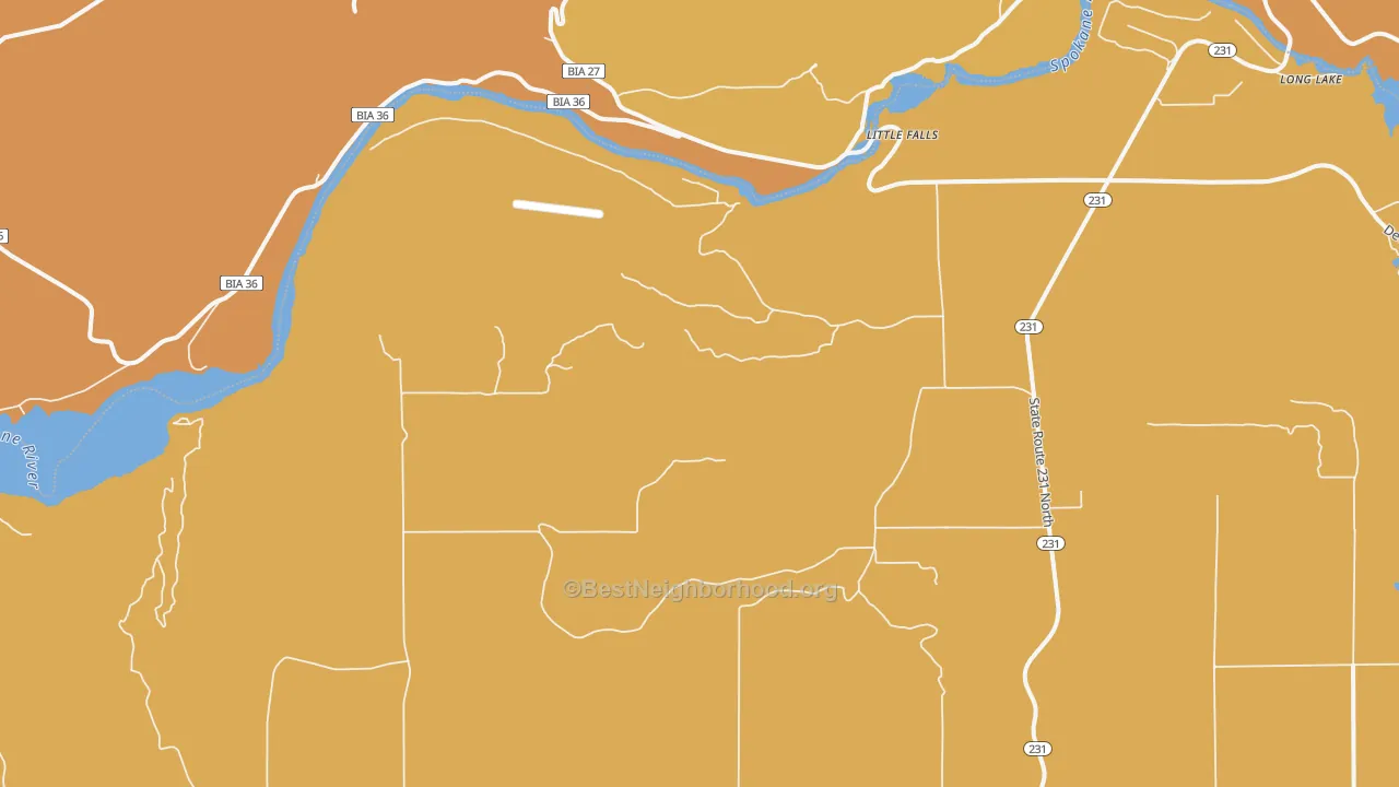 Map of the best neighborhoods in the Little Falls area, with better matches in green and worse matches in red