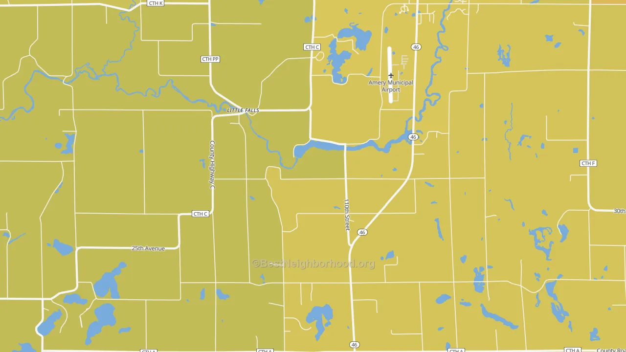 Map of the best neighborhoods in the Little Falls area, with better matches in green and worse matches in red