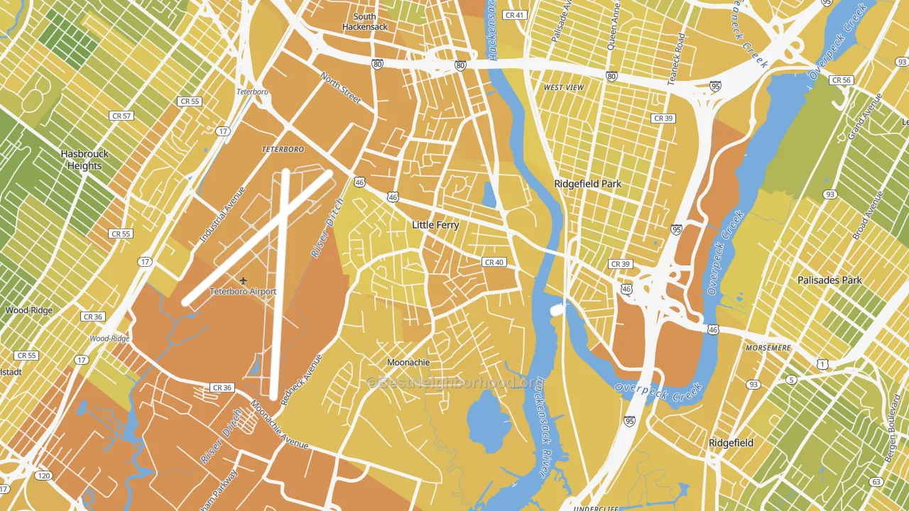 Map of the best neighborhoods in the Little Ferry area, with better matches in green and worse matches in red