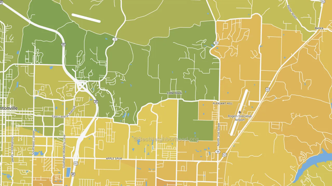 Map of the best neighborhoods in the Little Flock area, with better matches in green and worse matches in red