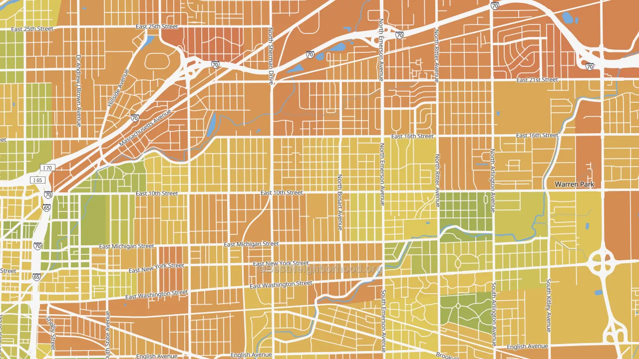 Map of the best neighborhoods in the Little Flower, Indianapolis area, with better matches in green and worse matches in red