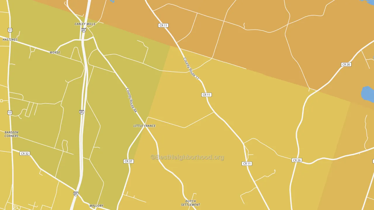 Map of the best neighborhoods in the Little France area, with better matches in green and worse matches in red