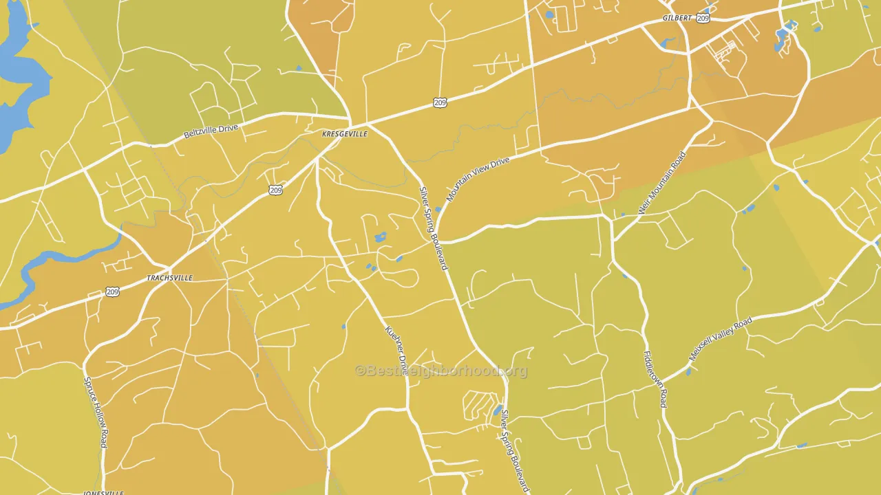 Map of the best neighborhoods in the Little Gap area, with better matches in green and worse matches in red
