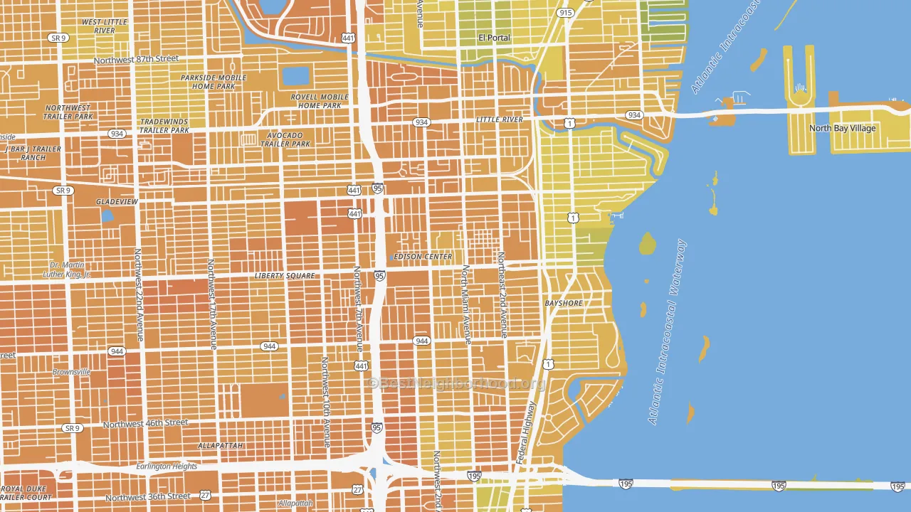 Map of the best neighborhoods in the Little Haiti, Miami area, with better matches in green and worse matches in red