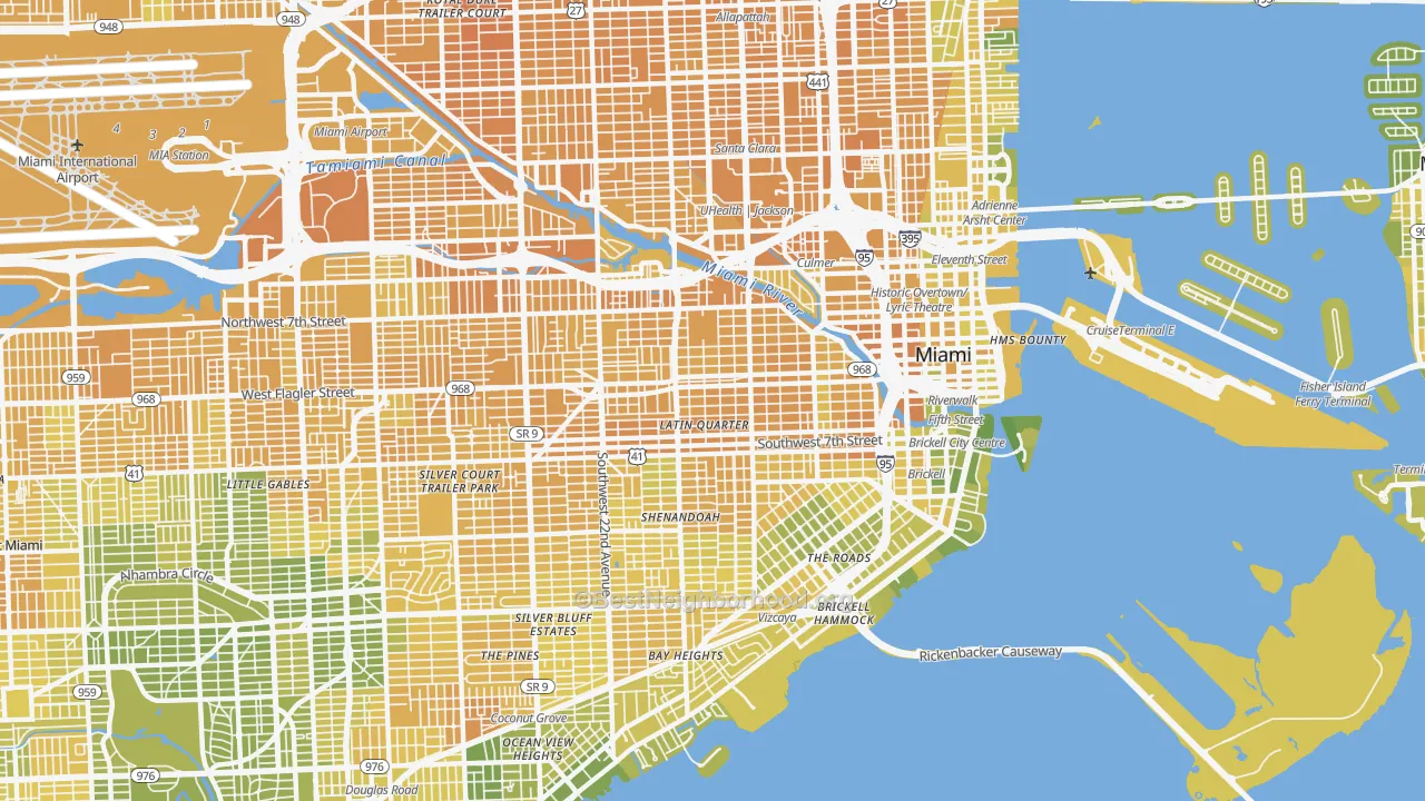 Map of the best neighborhoods in the Little Havana, Miami area, with better matches in green and worse matches in red