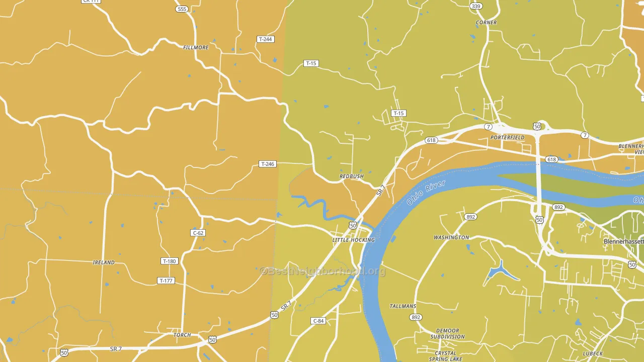 Map of the best neighborhoods in the Little Hocking area, with better matches in green and worse matches in red