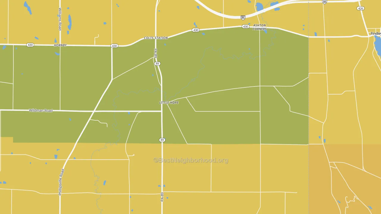 Map of the best neighborhoods in the Little Hope area, with better matches in green and worse matches in red