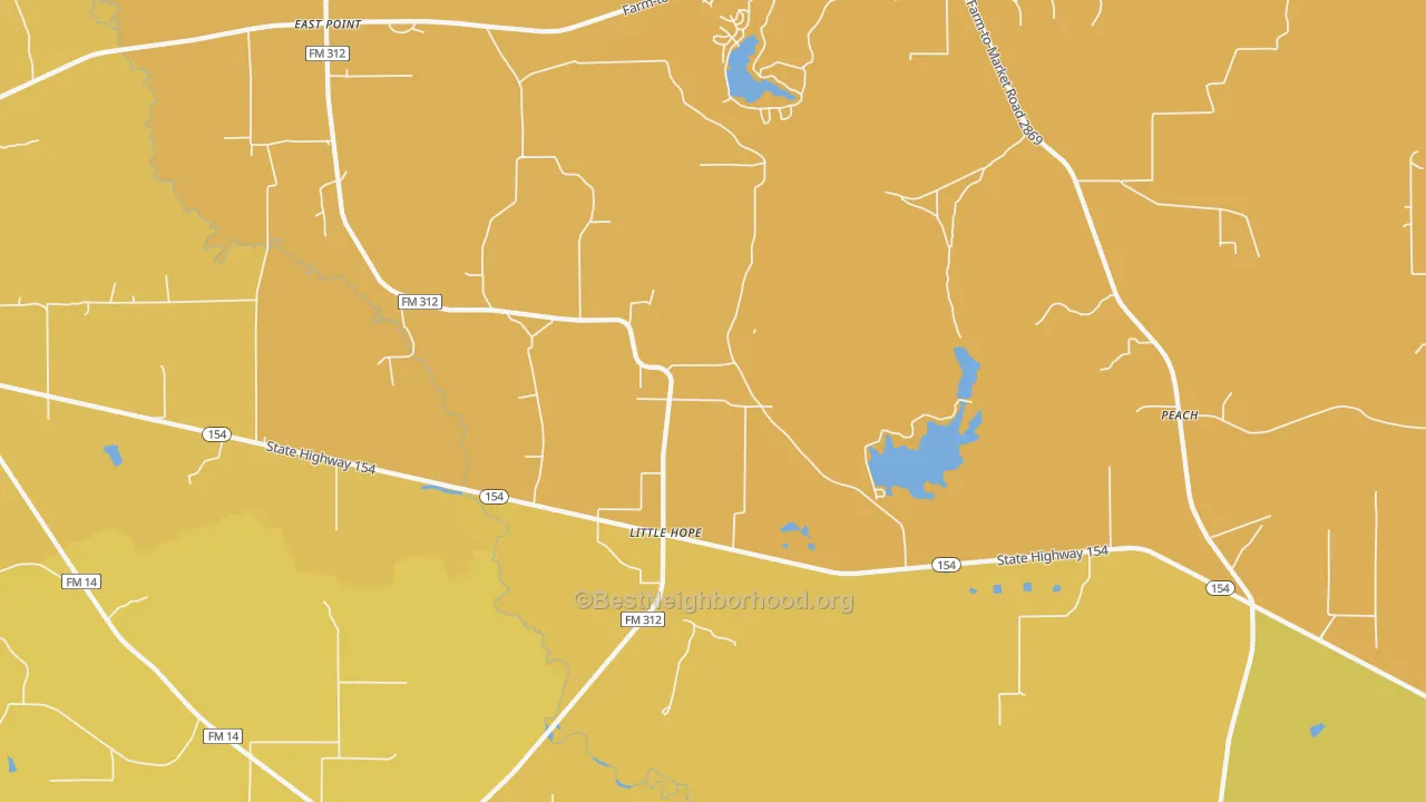 Map of the best neighborhoods in the Little Hope area, with better matches in green and worse matches in red
