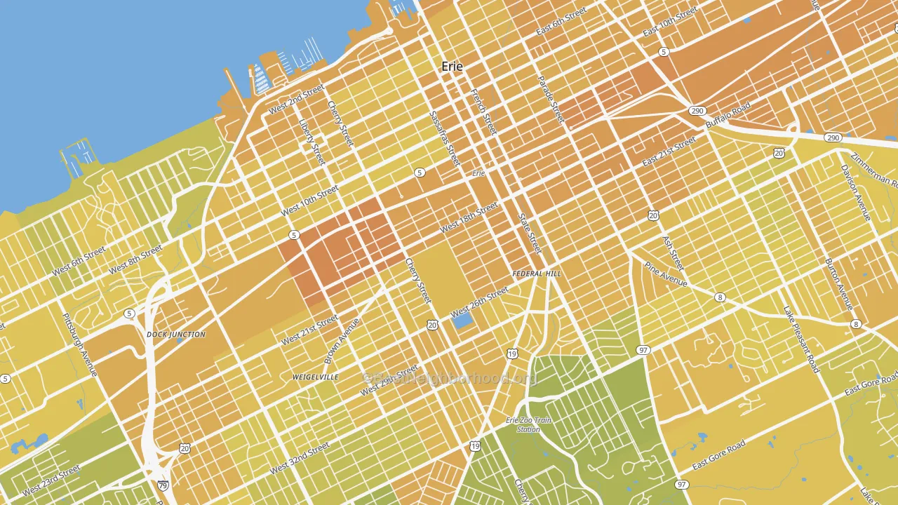 Map of the best neighborhoods in the Little Italy, Erie area, with better matches in green and worse matches in red