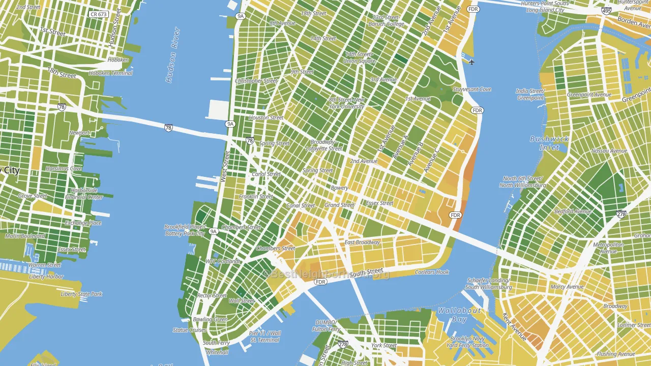 Map of the best neighborhoods in the Little Italy, Manhattan area, with better matches in green and worse matches in red