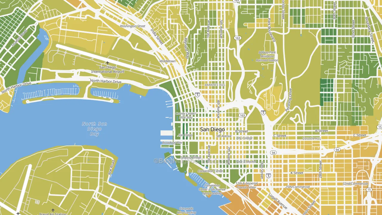 Map of the best neighborhoods in the Little Italy, San Diego area, with better matches in green and worse matches in red