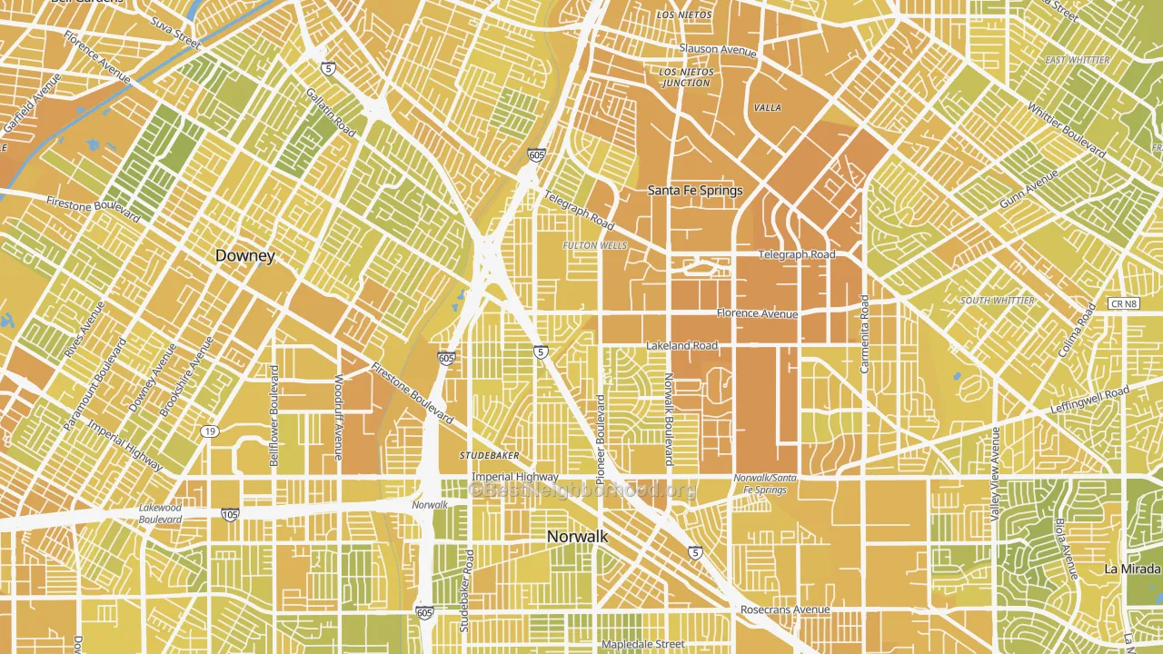 Map of the best neighborhoods in the Little Lake City, Santa Fe Springs area, with better matches in green and worse matches in red