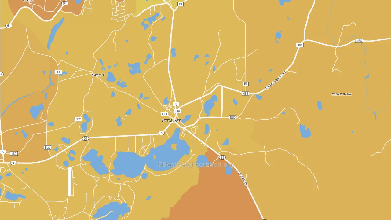 Map of the best neighborhoods in the Little Lake area, with better matches in green and worse matches in red