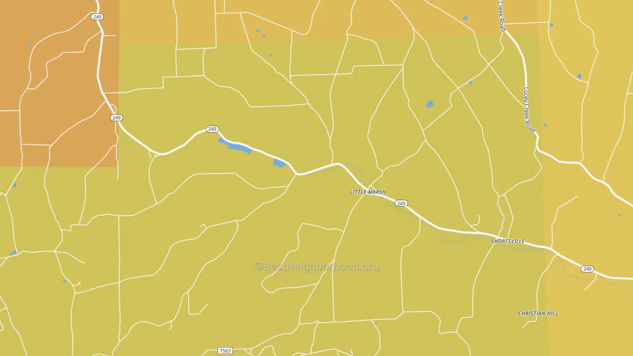 Map of the best neighborhoods in the Little Marsh area, with better matches in green and worse matches in red