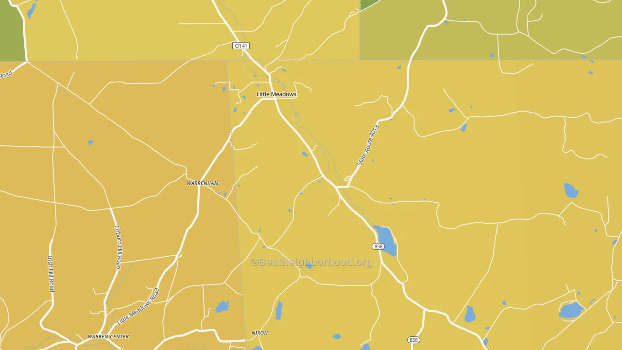Map of the best neighborhoods in the Little Meadows area, with better matches in green and worse matches in red