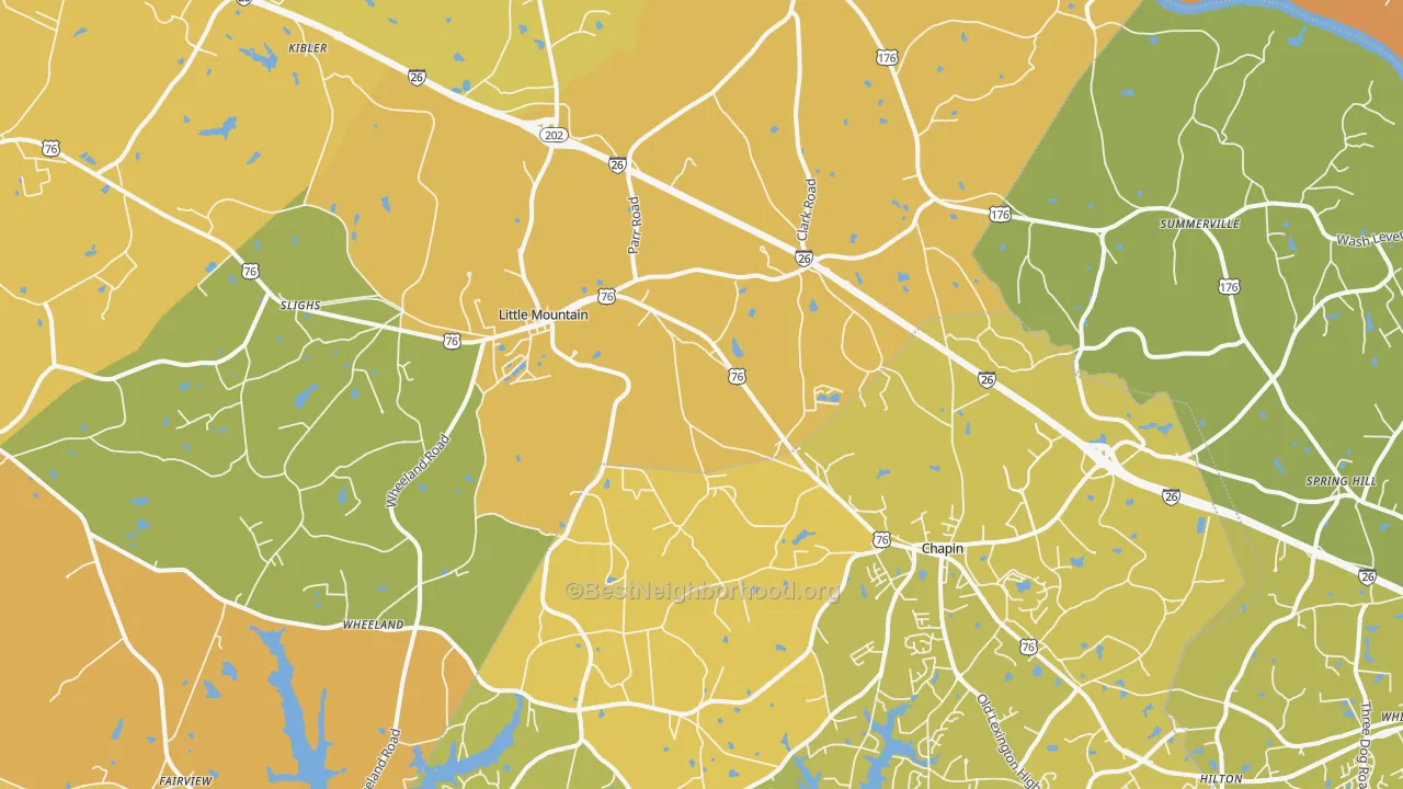 Map of the best neighborhoods in the Little Mountain area, with better matches in green and worse matches in red